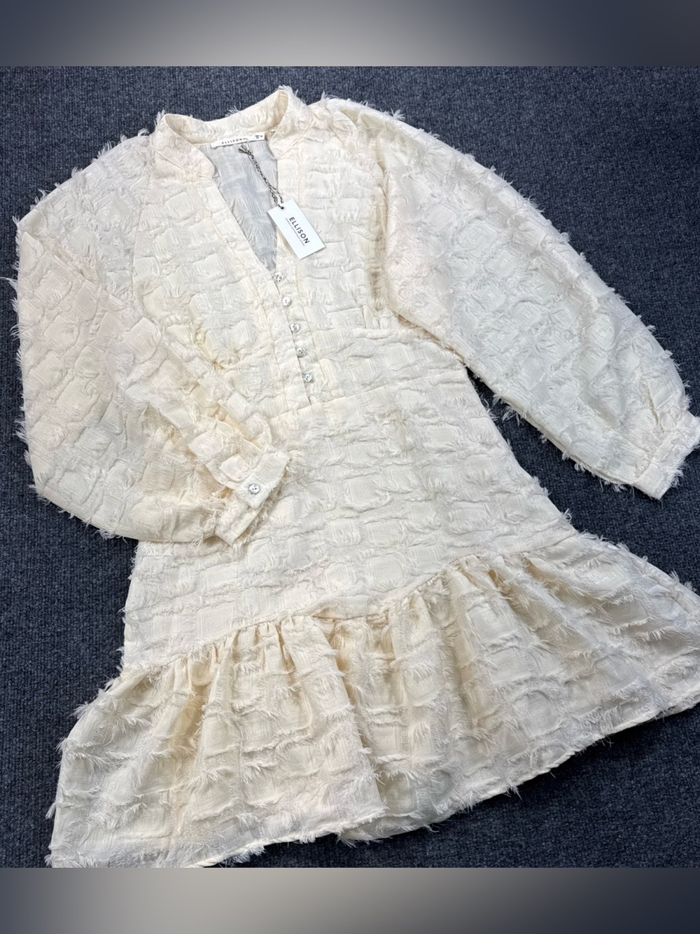 Ellison Midi Feather-like Ivory Long Sleeve Dress Button Front Women’s Medium